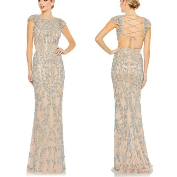 Mac Duggal Dress Beaded Cut Out Lace Up Back Sequin Gown Size 8 NWT - Picture 1 of 16